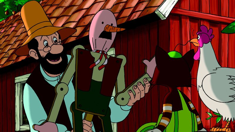 Pettersson zeigt Findus und der Henne Prillan seine Vogelscheuche. – Bild: ZDF und TV Loonland