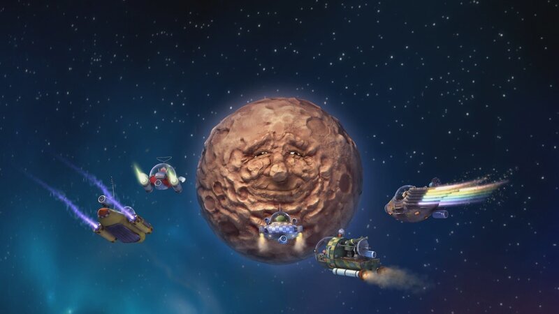 Fred würde gerne selbst etwas zur Ausstellung beitragen. Pootle hat eine Idee: Fred soll alle Raumschiffe durchs All dirigieren, während sie bunte Rauchfahnen hinter sich herziehen. – Bild: KiKA/​Snapper Productions/​Q Pootle 5 LTD