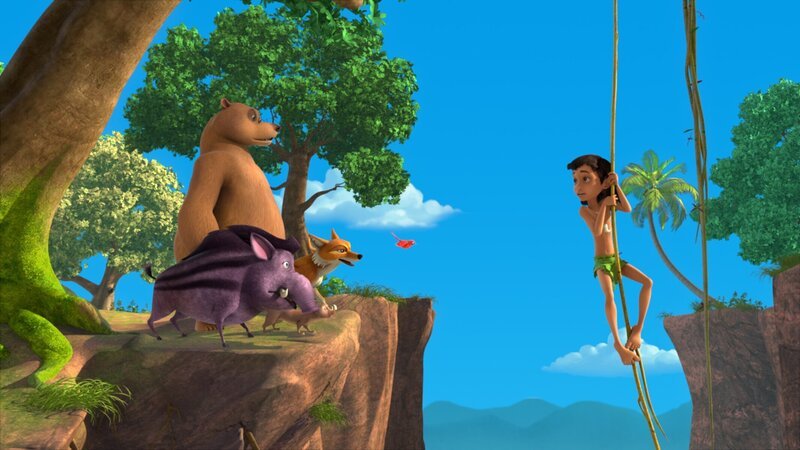Balu ist nicht erfreut, weil Mogli mit seinen Freunden Rana, Rikki-Tikki und Darsi die Geschichte vom Menschenkind und dem bösen Schatten nachspielt. Tabaqui, der fiese Schakal, macht immer wieder gefährliche Vorschläge, wie die Geschichte weitergehen könnte. – Bild: ZDF /​ DQ Entertainment
