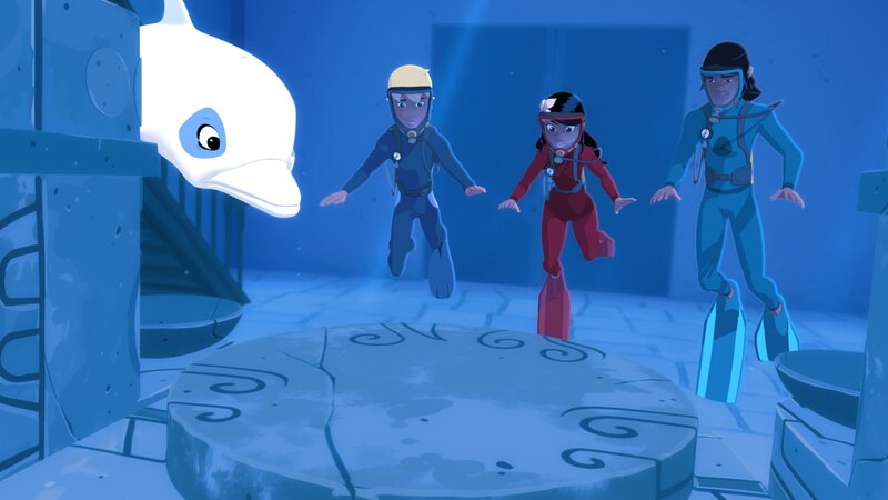 Zoom (v.l.), Yann, Timeti und Yann haben im Meer vor der Insel Maotou die Reste einer versunkenen Stadt entdeckt. – Bild: ZDF und Media Valley /​ Marzipan Films