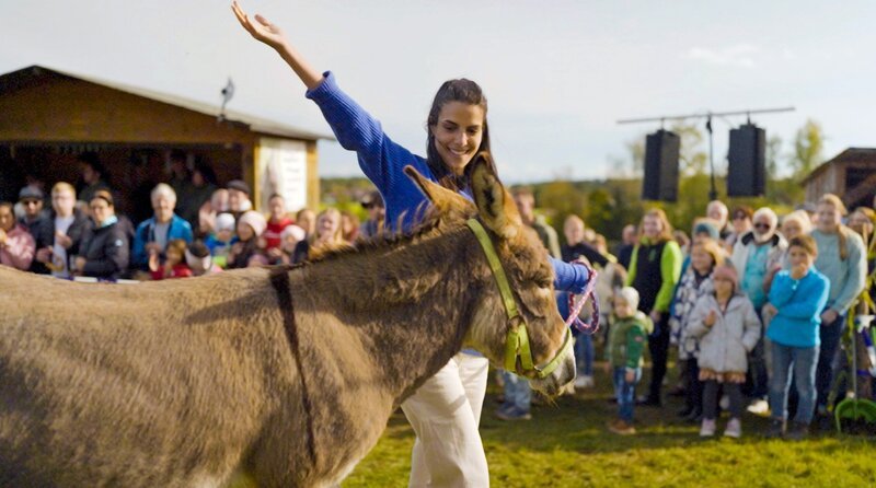 Sind Esel wirklich stur und bockig? Beim jährlichen Eseltreffen in Türkenfeld lernt Moderatorin Clarissa wie Teamarbeit zwischen Mensch und Tier gelingt. – Bild: Radio Bremen/​Klaus Kurth