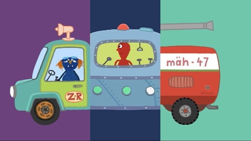 Aus einem Klappbild werden lustige Fahrzeuge zusammengesetzt. – Bild: WDR/​Trickstudio Lutterbeck