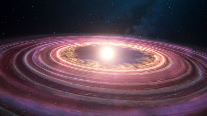 Vor 4,5 Milliarden Jahren entsteht unsere Sonne inmitten einer riesigen rotierenden Gas- und Staubwolke. In dieser protoplanetaren Scheibe bilden sich alle Planeten unseres Sonnensystems. – Bild: THE HISTORY CHANNEL /​ ZDF Digital