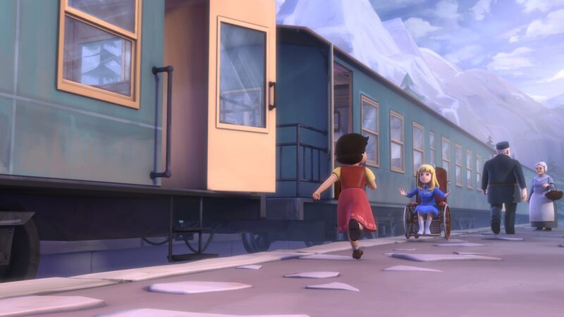 Clara kommt mit dem Zug im Dörfli an. – Bild: ZDF/​Studio 100 Animation/​Heidi Productions Pty. Limited