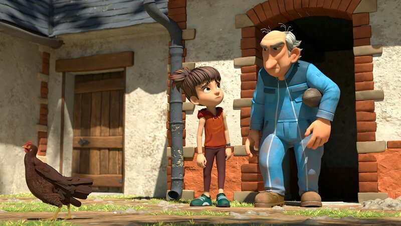 Bohnenstange muss bei Bauer Ludwig um ihren Rugbyball betteln, der in dessen Fensterscheibe gekracht ist. – Bild: ZDF/​La Station Animation