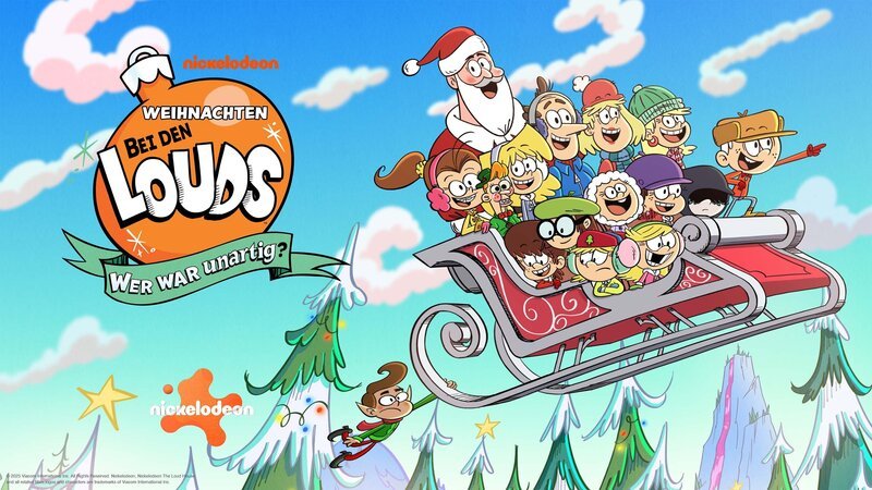 v.li.: Duncan, Luan, Mr. Coconuts, Santa Claus, Lynn, Lori, Lisa, Lynn Sr., Lana, Lily, Rita, Lola, Luna, Leni, Lucy, Lincoln – Bild: Viacom International Inc. /​ Nickelodeon