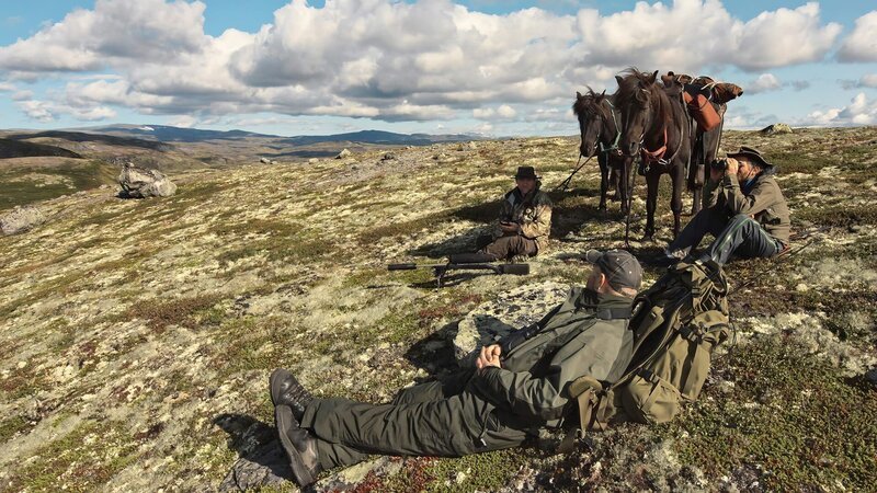 Hochplateau mit weiter Landschaft, Personen in Outdoor-Bekleidung ruhen auf grasbewachsener Anhöhe, zwei gesattelte Pferde in der Nähe; Eindruck von Wildnis und Naturerlebnis. – Bild: Bergblick