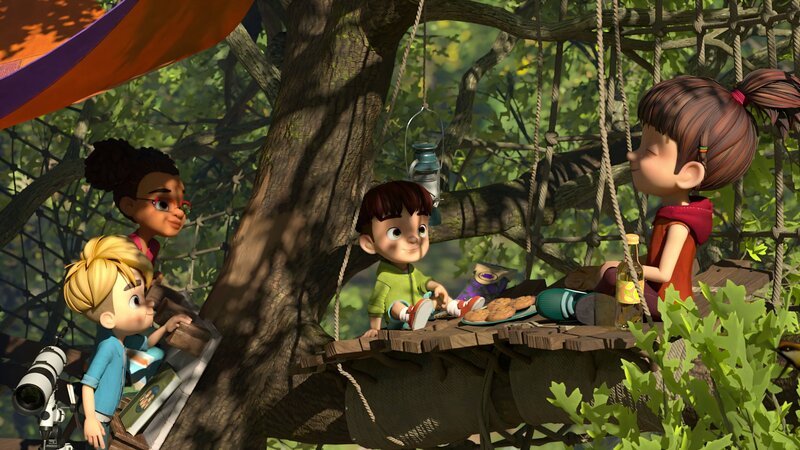 Die Nacht kann kommen. Mit Teleskop, Proviant und bester Laune ist die Dorfbande gerüstet für ihre geheime Übernachtungsparty im Baumhaus. – Bild: ZDF/​La Station Animation