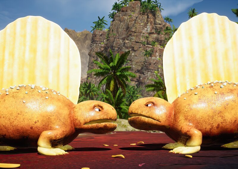 Irgendetwas scheint den imposanten Kartofflodons zu missfallen. – Bild: Cheeky Little Media /​ ZDF