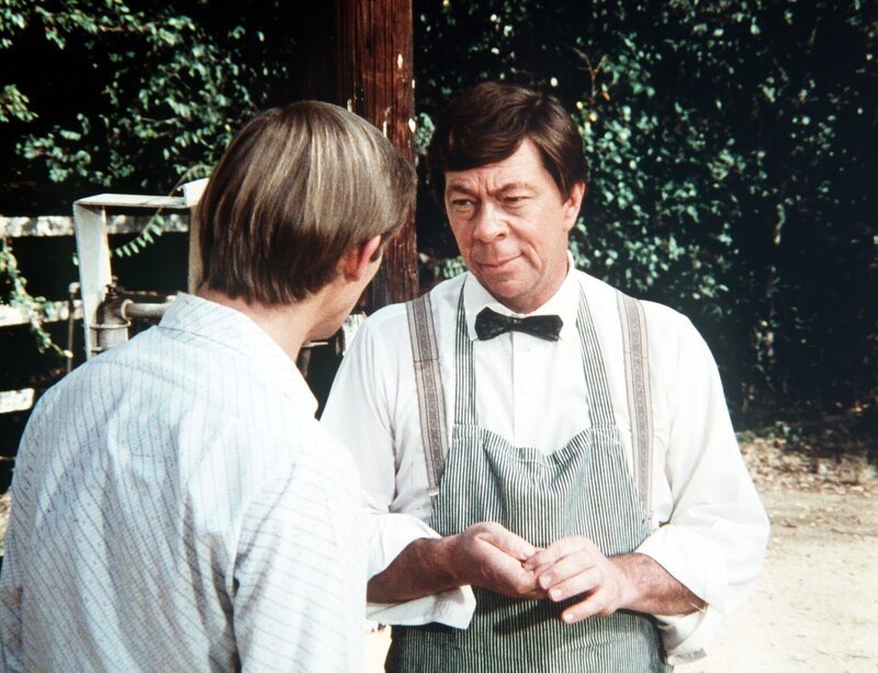 Ike (Joe Conley, r.) fragt John-Boy (Richard Thomas, l.) über Corabeth, die überraschend im Hause der Waltons aufgetaucht ist, aus. – Bild: Sat.1 Gold
