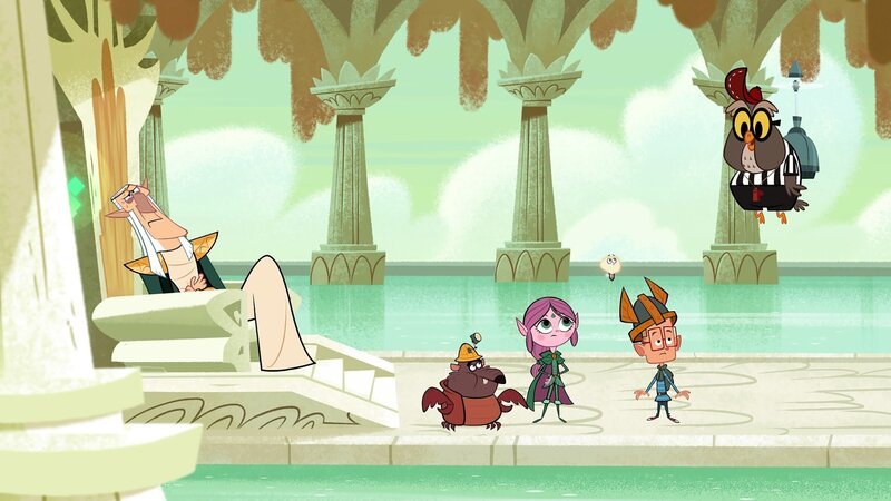 Der König der Elfen (l.) ist krank. Hugo erklärt Marcus, Ephi und Ratrick (von l.), was sie für seinen Heiltrank besorgen sollen. – Bild: ZDF/​Mondo TV France