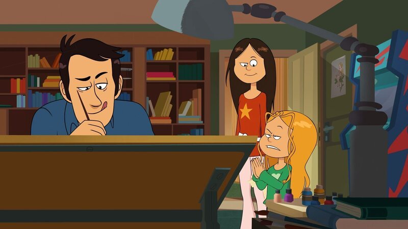 Durchbruch: Marines und Wendys Ideen inspirieren ihren Papa, der gleich den neuen Comic beginnt. – Bild: NDR/​Bamboo Production/​Samka Productions