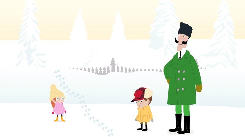 Ein Pinguin ist verschwunden. Familie Peek muss an den Spuren im Schnee erkennen, wohin er gewatschelt ist. – Bild: KiKA/​Igloo Productions Ltd