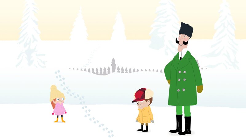 Ein Pinguin ist verschwunden. Familie Peek muss an den Spuren im Schnee erkennen, wohin er gewatschelt ist. – Bild: KiKA/​Igloo Productions Ltd