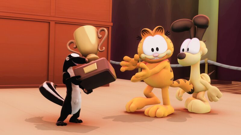 Garfields neuer Freund, das Stinktier, hat den Schönheitswettbewerb gewonnen. – Bild: ORF/​Mediatoon/​Dargaud Media/​Paws Inc.