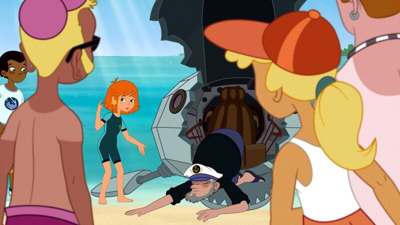 Der Kapitän strandet mit der Haiattrappe vor den Augen der Touristen. – Bild: ORF 1