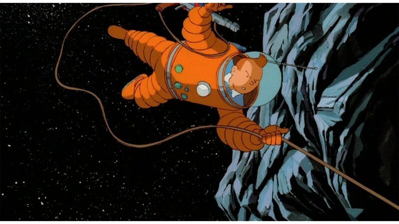 Tim, Struppi, Kapitän Haddock und Professor Bienlein sind für die Mission „Odysseus“ in einer Rakete unterwegs, um als erste Menschen den Mond zu betreten. Nachdem zuerst alles planmäßig verläuft, tun sich bald einige Gefahren auf. – Bild: ZDF und Ellipsanime/​France 3/​M6/​Nelvana; Hergé – Moulinsar