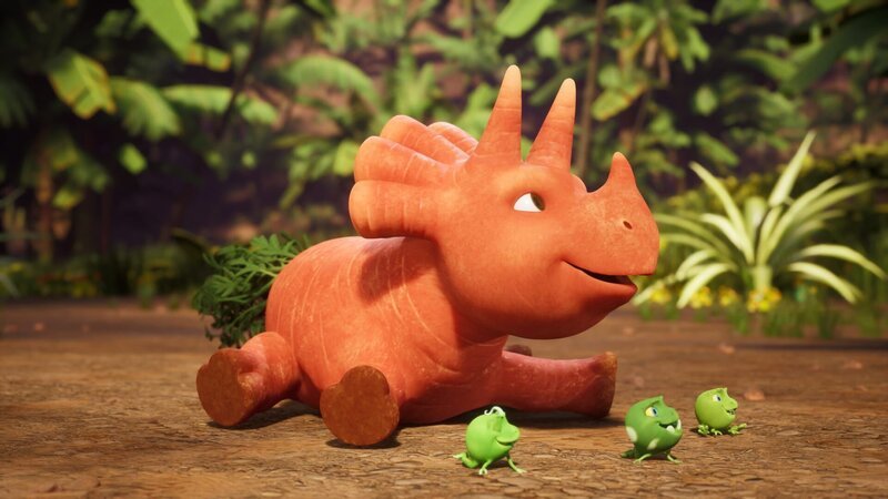 Ginger und der Erbs-Rex Minzi werden noch lange von ihrem luftigen Abenteuer erzählen. – Bild: ZDF und Cheeky Little Media