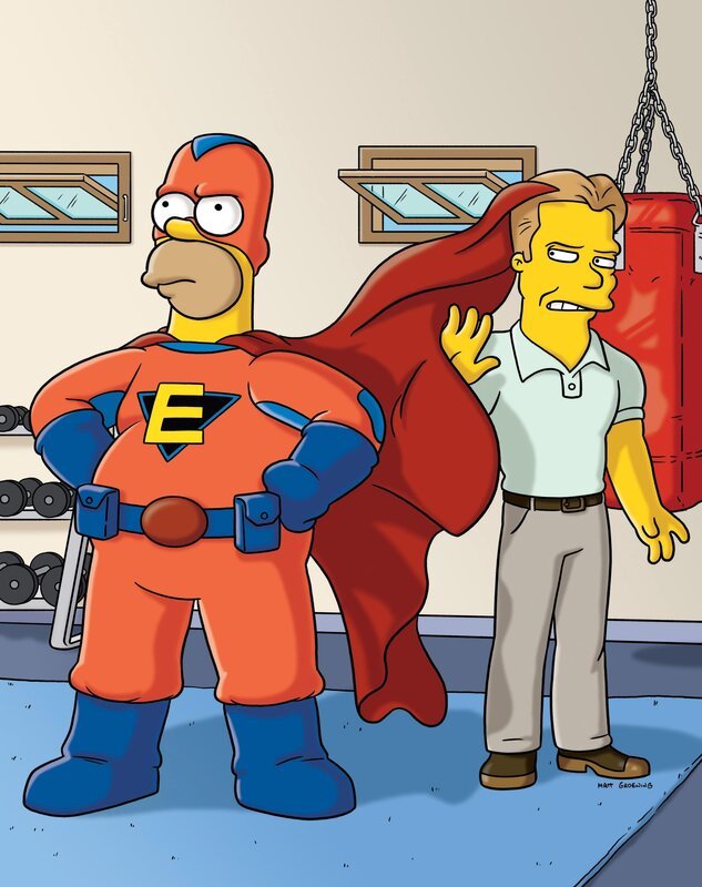 Bart und Milhouse überzeugen den Comic-Verkäufer, sein Werk „Everyman“ zu veröffentlichen. Es wird ein Super-Hit und schnell ist klar, dass die Comicreihe verfilmt wird. Durch unglückliche Umstände bekommt Homer (l.) die Titelrolle … – Bild: Twentieth Century Fox Film Corporation