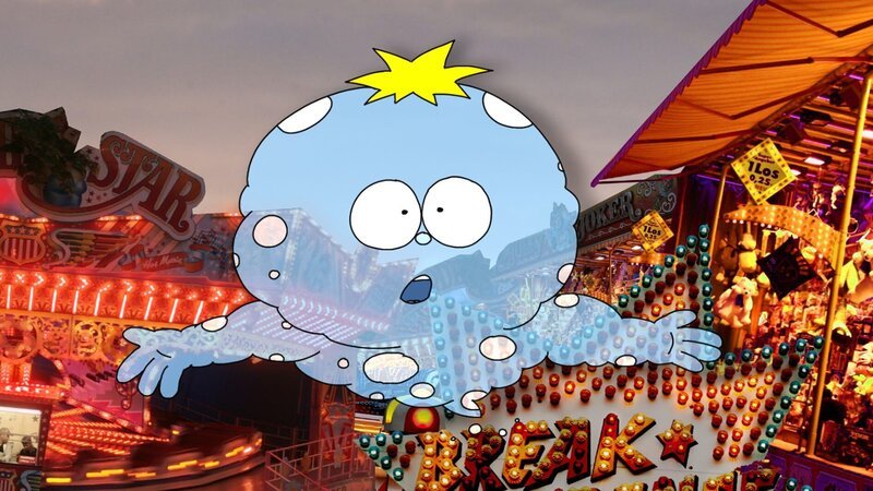 Kalli-Gespenst lernt all die Gespensterbahn-Pappfiguren kennen und freut sich, weil er künftig nie wieder vor Gespensterbahnen Angst haben muss. – Bild: MDR/​rbb/​MotionWorks