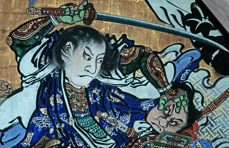 Antikes Gemälde eines japanischen Kriegers mit Samuraischwert, Präfektur Nara, Japan. – Bild: RTL /​ Shark Teeth Films Ltd. /​ Samurai-Schwert & Fabergé Eier