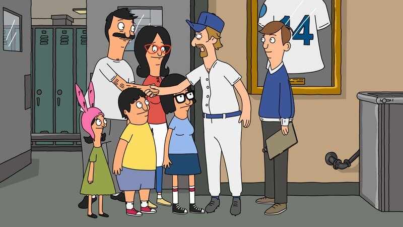 Louise (l.), Bob (2.v.l.), Gene (3.v.l.), Linda (m.), Tina (3.v.r.), Torpedo (2.v.r.) – Bild: ViacomCBS /​ FOX /​ 2011 FOXBROADCASTING /​ BOB’S BURGERS ª and © 2011 TTCFFC ALL RIGHTS RESERVED.