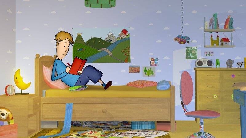 Manchmal kann Lennart abends nicht einschlafen, weil ihm etwas nicht aus dem Kopf gehen will. Dann stellt er sein Bett auf die große Wiese im Grummeltal. – Bild: rbb/​DIGITRICK