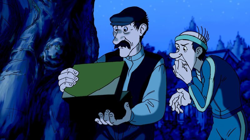 Gustavsson (l.) und Hendrik (r.) sind enttäuscht vom Inhalt der Schatztruhe – Bild: ZDF und TV Loonland