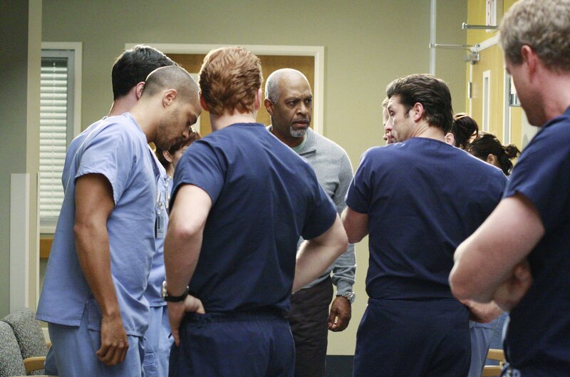 Zwischen Alex und Jackson (Jesse Williams, l.) kommt es zu einem Streit. Owen (Kevin McKidd, 3.v.l.), Webber (James Pickens Jr., 3.v.r.), Derek (Patrick Dempsey, 2.v.r.) und Marc (Eric Dane, r.) versuchen die Streithähne zu beruhigen … – Bild: American Broadcasting Companies, Inc. /​ Ron Tom