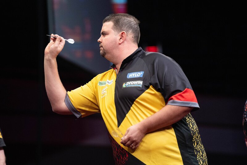 Gabriel Clemens; GER, European Darts Championship, Dortmund, 26.10.2023, Westfalenhalle, Peter Wright vs Gabriel Clemens – Bild: IMAGO/nordphoto GmbH / Christian Schulze / Nordphoto Gabriel Clemens; GER, European Darts Championship, Dortmund, 26.10.2023, Westfalenhalle, Peter Wright vs Gabriel Clemens – Bild: IMAGO/nordphoto GmbH / Christian Schulze / Nordphoto