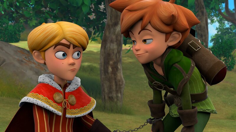 Prinz John (l.) und Robin (r.) sind aneinandergekettet entkommen. Ob das gutgeht? – Bild: Method Animation /​ ZDF /​ ZDF Studios