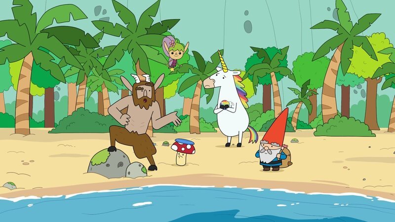 Von links: Hufius, Twinkle, Tupfen, Blümchen und Herbert. Die Helden müssen zur Insel „Meerhallig“, um die Bewohner vor einem Klumpen wütenden Seegrases zu beschützen. Blümchen kann sich aber noch nicht von ihrer regenbogenfarbenen Badebombe trennen. – Bild: Tiger Aspect Kids & Family Limited, Movimenti Produc