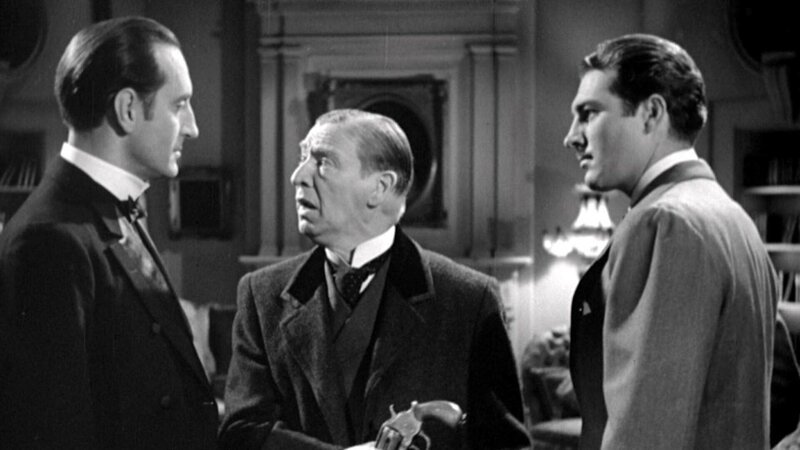 v.li.: Sherlock Holmes (Basil Rathbone), Inspector Bristol (E.E. Clive), Jerrold Hunter (Alan Marshal). – Bild: RTL