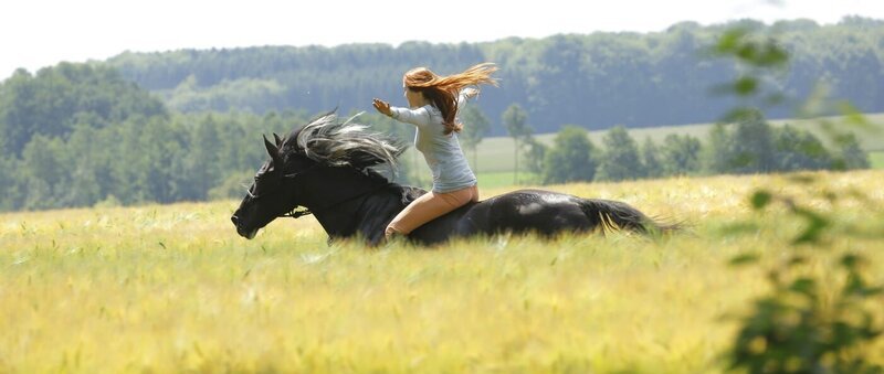 Mika (Hanna Binke) auf dem Hengst ‚Ostwind‘. – Bild: CONSTANTIN FILM