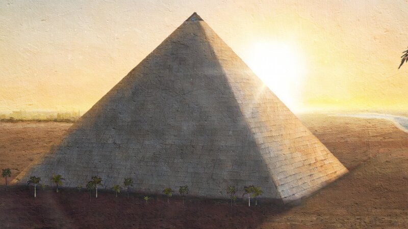 In einem computergenerierten Bild beginnt die Schwarze Pyramide im Boden zu versinken. – Bild: Windfall Films