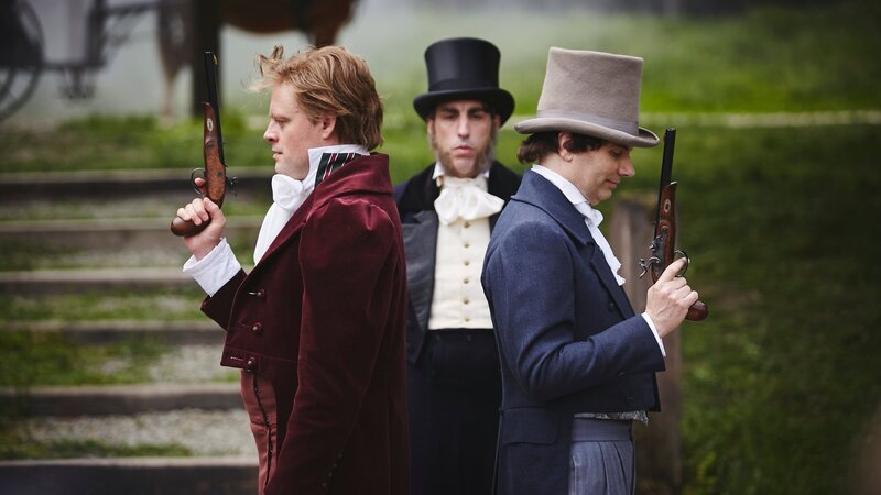 Andere Zeiten, andere Methoden der Konfliktlösung (vlnr.: Max Giermann, Alexander Schubert und Carsten Strauch). – Bild: ZDFneo