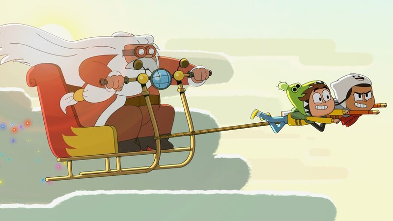 Der Weihnachtsmann (l.) sucht verzweifelt nach seinem Rentier. Schließlich müssen Mats und Malika (r.) einspringen. – Bild: TOGGO plus