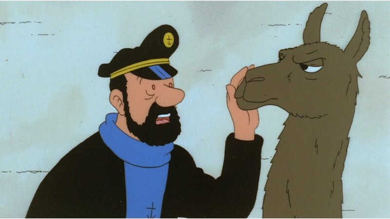 Tim, Struppi und Kapitän Haddock (l.) reisen nach Peru, wo Professor Bienlein auf einem Schiff im Hafen in Quarantäne liegt. Sie treffen auf den jungen Indio Zorrino, der sie zum Sonnentempel der Inka führt, wo der Professor entführt wurde. Die Entführer versuchen, sie aufzuhalten, aber Tim und seine Begleiter setzen alles daran, den Professor zu retten. – Bild: ZDF und Ellipsanime/​France 3/​M6/​Nelvana; Hergé – Moulinsar