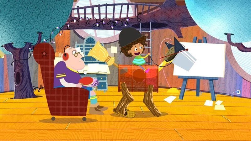 Mia möchte unbedingt reiten, doch Opa ist kein besonders gutes Pferd. Also erfindet sie eine MIAPFERDEREITMASCHINE, die sofort mit ihr losspringt. – Bild: rbb/​Traumhaus Studios