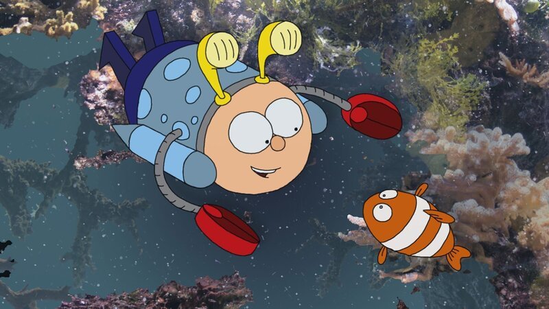 Kalli taucht in der Badewanne, aber da ist nicht viel zu sehen. Wenn er ein richtiges U-Boot wäre, dann könnte er den Meeresgrund erforschen. – Bild: MDR/​RBB/​MotionWorks