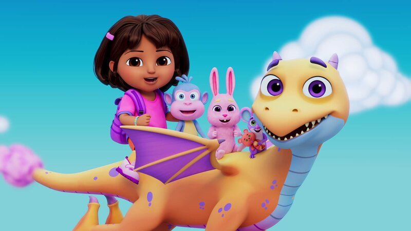 Dora (l.), Boots (2.v.l.), Bruno (m.), Dulce the Dragon (r.) – Bild: Paramount