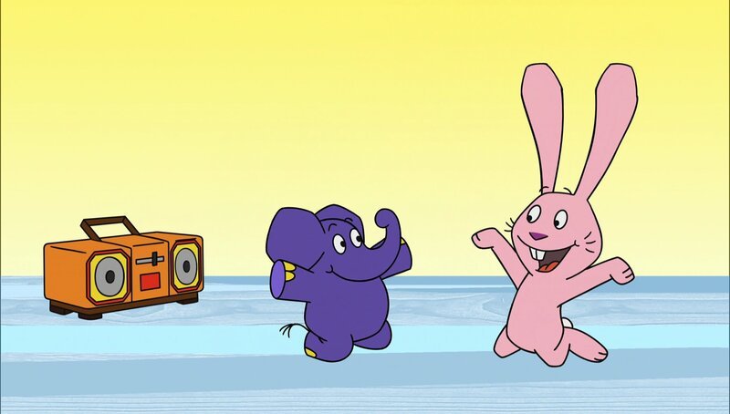 Hase und Elefant haben viel Spaß bei Musik und Tanz. – Bild: WDR
