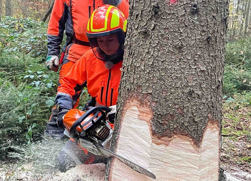 Angehende Forstwirtin Celine fällt ihr erste Fichte in der Ausbildung. – Bild: NDR/​