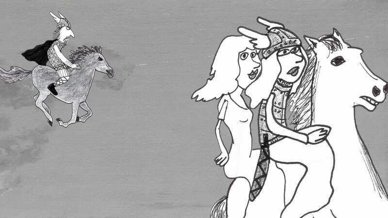 Mit dieser Frau ist nicht zu spaßen! Die Walküre Brünnhilde führt ihrem Göttervater Wotan tote Helden für seine Armee zu. Doch bei Siegmund macht sie eine Ausnahme. Wotan ist not amused. Der zweite Teil aus Richard Wagners Tetralogie „Der Ring des Nibelungen“ als Comic-Video, in unter 10 Minuten von Kindern erzählt. – Bild: ZDF und BR, Alex Naumann