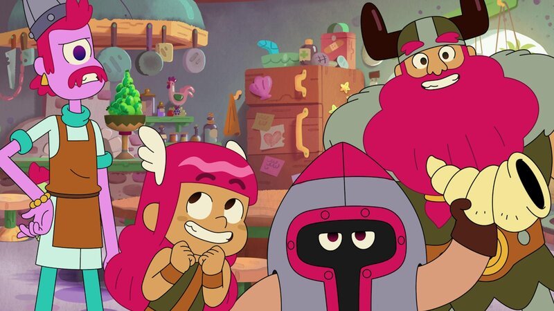 Lana ist völlig aus dem Häuschen, weil sie ab heute endlich mit ihrem Dad und seiner Crew auf Abenteuerreise gehen soll. Doch dann kommt alles anders … (v.l.) , Doc Chopov, Lana, Helmchen Hugo und Andar – Bild: SUPER RTL /​ Eine Quest fürs Leben