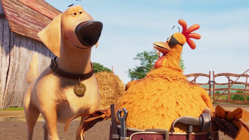 Hund Sam hat ein Auge auf Huhn Flo geworfen, nachdem er eine Liebesbotschaft von Hündin Bertha falsch verstanden hat. – Bild: KiKA/​2022 Sixteen South/​Mikros Animation IP/​Tencent