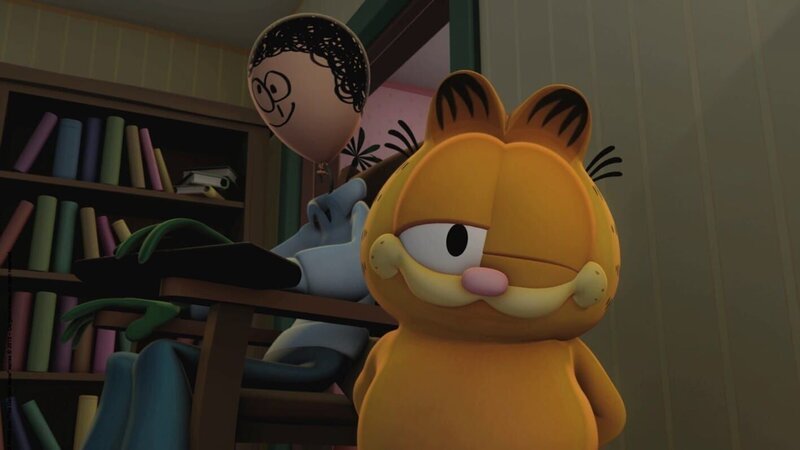 Odie ist so unglücklich darüber, dass Jon nicht Zuhause ist, dass Garfield ihm mit Hilfe eines Luftballons einen Ersatz-Jon gebastelt hat. – Bild: HR/​Dargaud Media/​MediaToon/​Paws Inc./​France 3