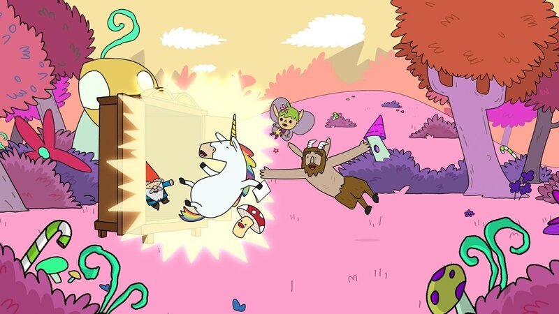 Von links: Herbert, Blümchen, Tupfen, Twinkle und Hufius: Der windschiefe Schrank überführt die Helden in eine windschiefe Parallelwelt. – Bild: ZDF/​Tiger Aspect Kids & Family Limited, Movimenti Production, Zodiak Kids & Family France and Monello Productions