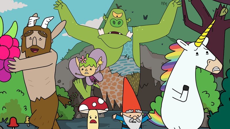 Hufius, Twinkle, Tupfen, Herbert und Blümchen (vorne, von links) haben eine ganz besondere Himbeere dem missmutigen Sumpfklop (hinten) entrissen. Nun verfolgt er sie bis zum Backwettbewerb und richtet dort Chaos und Zerstörung an. – Bild: Tiger Aspect Kids & Family Limited /​ Movimenti Produc