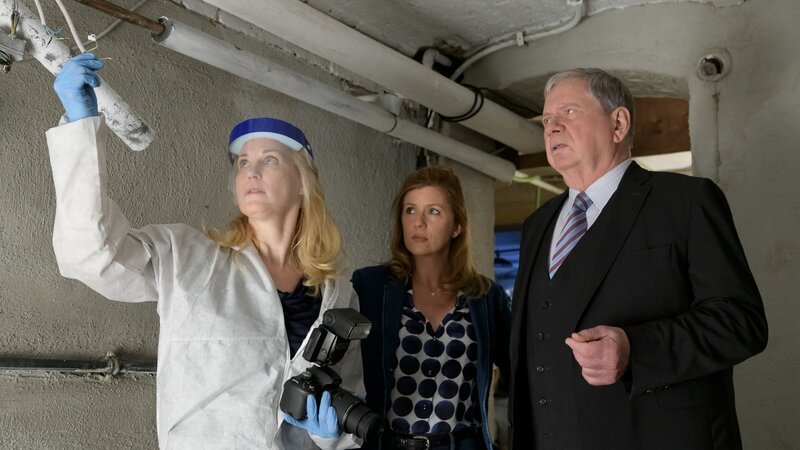 Dr. Judith Engel (Astrid Posner, l.), Hauptkommissarin Kerstin Klar (Fiona Coors, M.) und Oberstaatsanwalt Bernd Reuther (Rainer Hunold, r.) begutachten eine defekte Elektroinstallation im Keller von Angelika Lorenz. – Bild: ZDF und Peter Porst